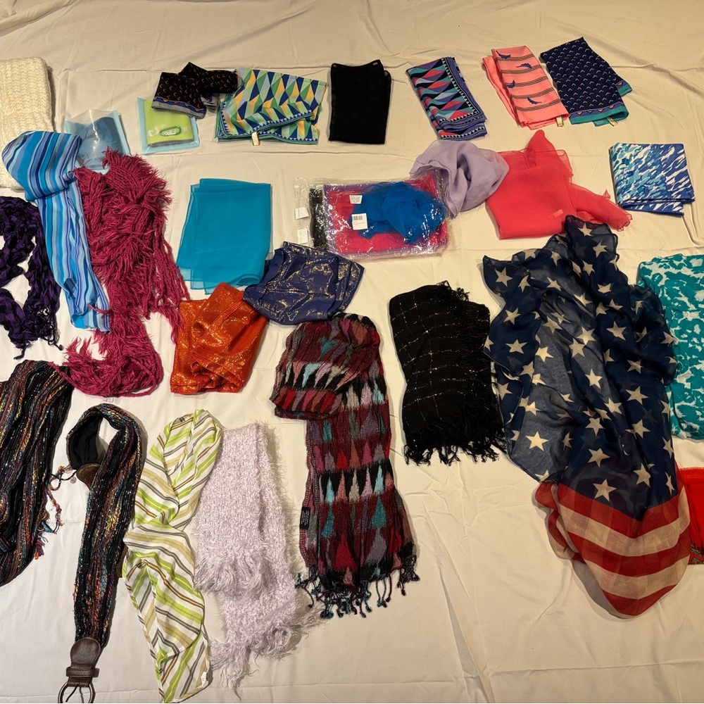 Bundle of 36 Neck Scarves, 1 matching belt, 1 Pashima, 1 Lg American Flag wrap